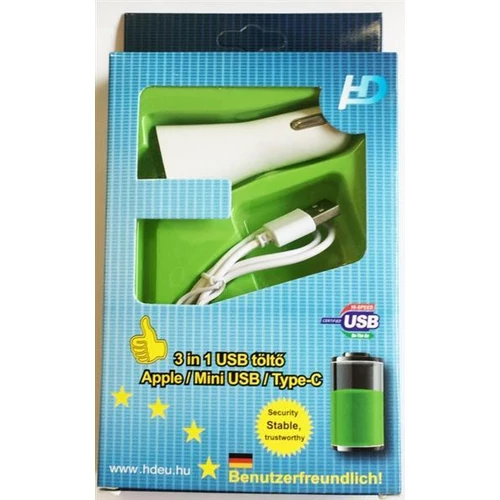 Szivargyújtós USB töltő adapter | 2 USB | 3 fajta kábelvég