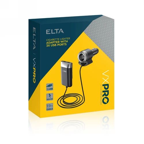 Szivargyújtó elosztó | 1 portos + 2 USB | 2 méteres vezetékkel