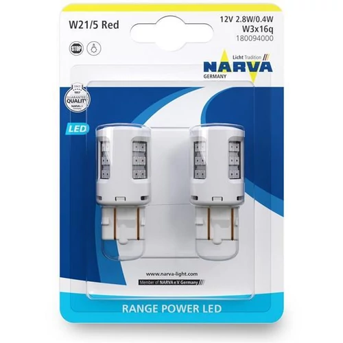 Narva | izzó | 12V 21/5W W3x16q | 2,8W/0,4W | piros | LED | 2 darabos bliszter