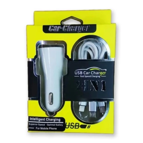 Autós szivargyújtó töltő | 2 x USB | 3 fajta kábel: micro; type c és iPhone | fehér