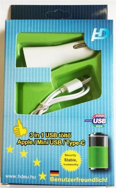 Szivargyújtós USB töltő adapter | 2 USB | 3 fajta kábelvég