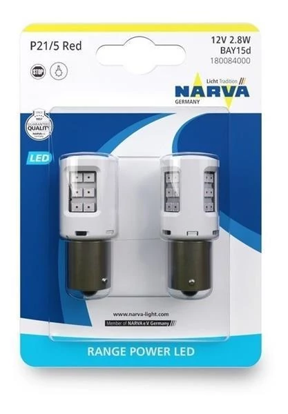 Narva | izzó | 12V 21/5W BAY15d | 2,8W/0,4W | piros | LED | 2 darabos bliszter