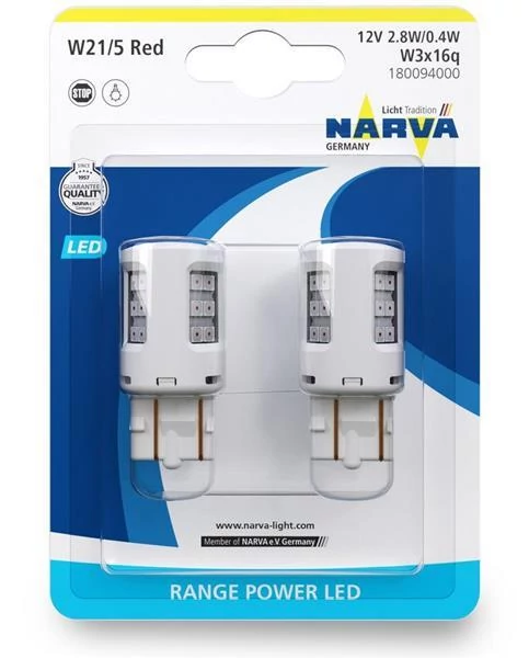 Narva | izzó | 12V 21/5W W3x16q | 2,8W/0,4W | piros | LED | 2 darabos bliszter