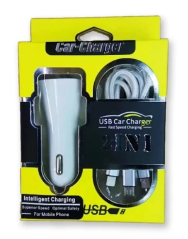 Autós szivargyújtó töltő | 2 x USB | 3 fajta kábel: micro; type c és iPhone | fehér
