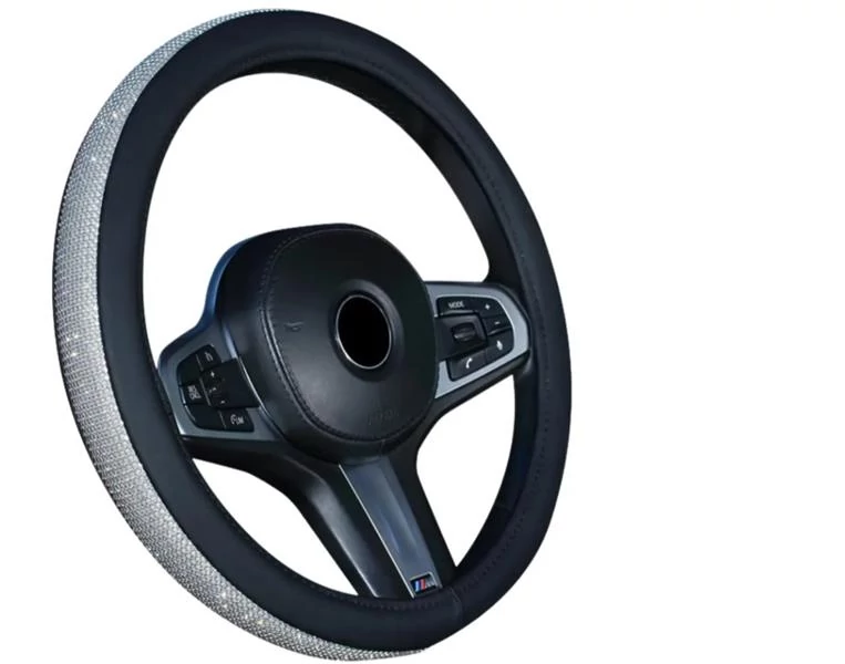 Kormányvédő | strasszköves | fekete bőr szegéllyel | ezüst | 38 cm