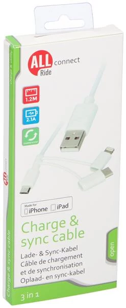 AllRide | multi töltő és adatkábel | Lightning; C-type; Micro usb | 2,1A | 1,2m méter
