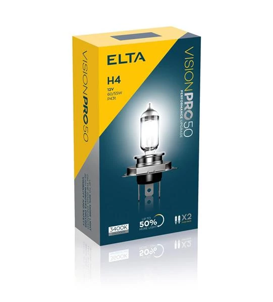 Elta VisionPro | izzó | 12V 60/55W P43t H4 | +50% emelt fényerő | 3400K | 2 darabos csomag